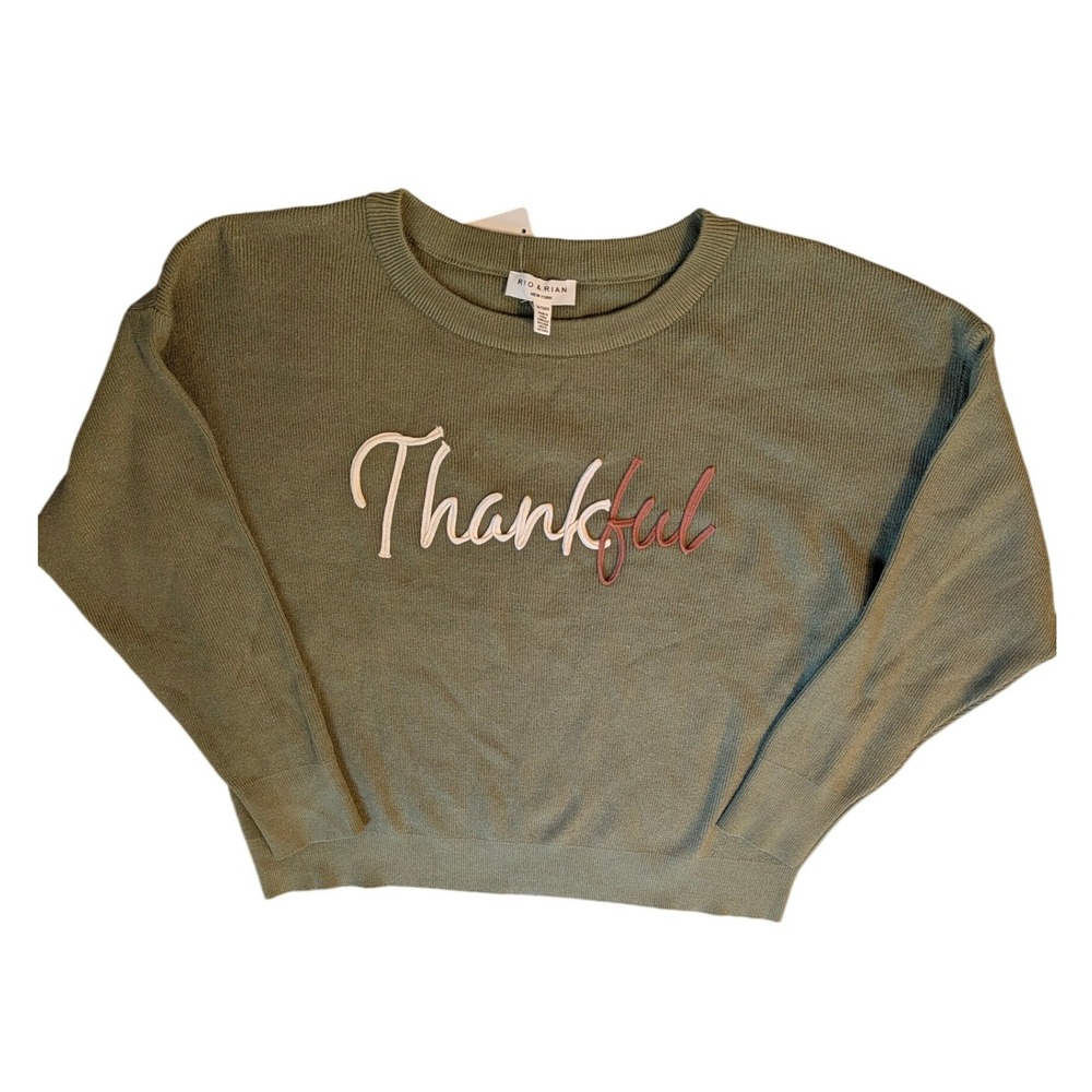 Rio & Rian New York Women XL Olive Green Embroidery Thankful Ribbed Knit Sweater